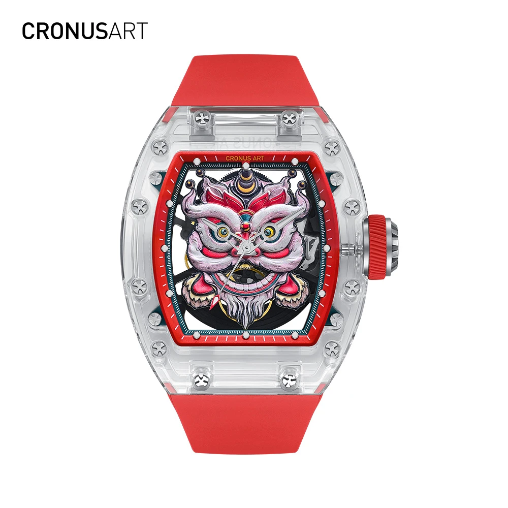 Cronusart克洛斯-春节贺岁款醒狮蓝宝石红色机械腕表时尚潮流喜庆