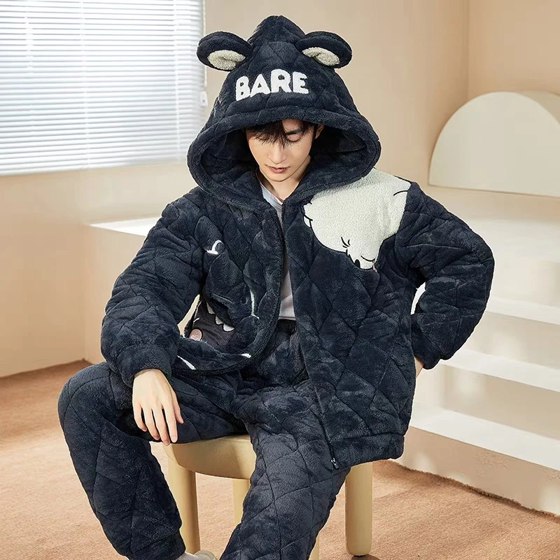 冬季男士三层夹棉北极熊加绒加厚拉链款家居服套装保暖卡通冬款