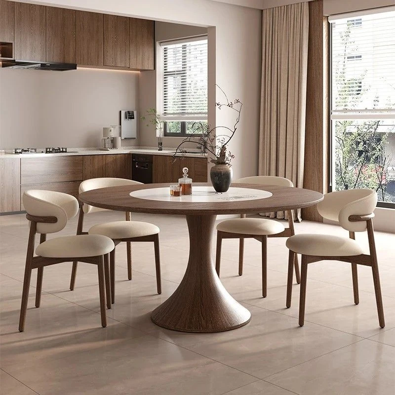 中古风实木餐桌家用多功能带暖菜电磁炉旋转火锅圆形白蜡木饭桌椅