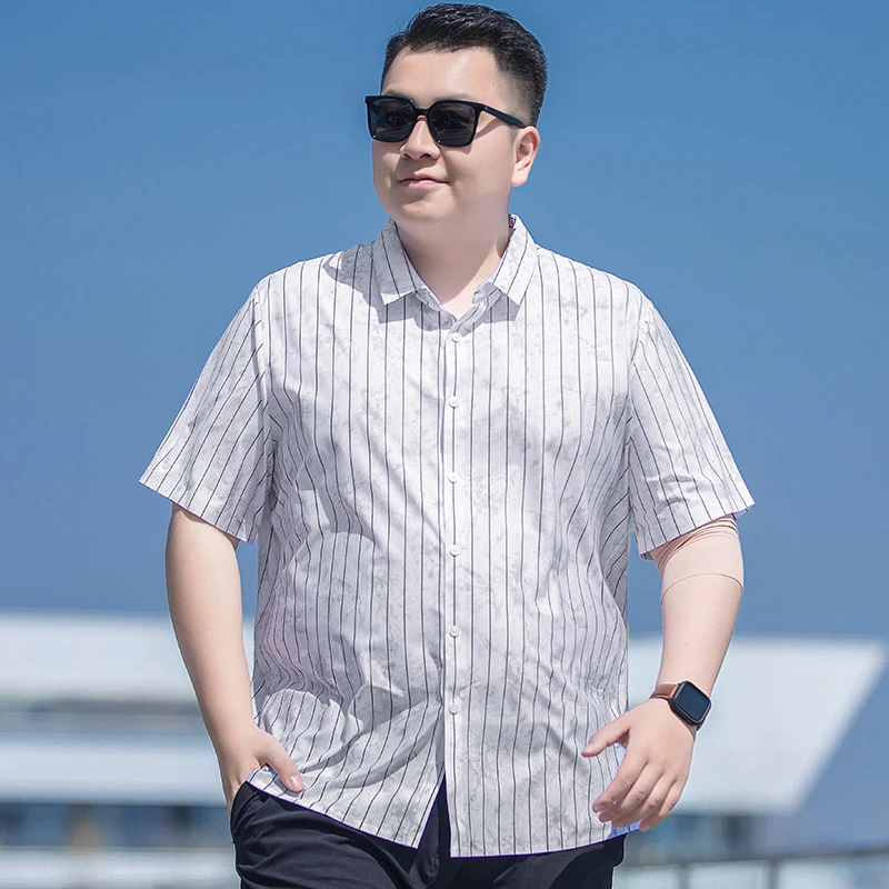 休闲竖条纹半袖衬衫男加肥加大夏季新款胖子宽松大码冰丝短袖衬衣