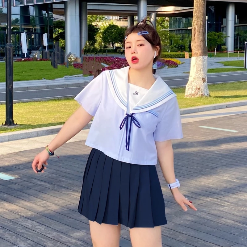 单拍阿车家大码jk原创胖mm水色水手服短袖短款上衣短裙套装女夏