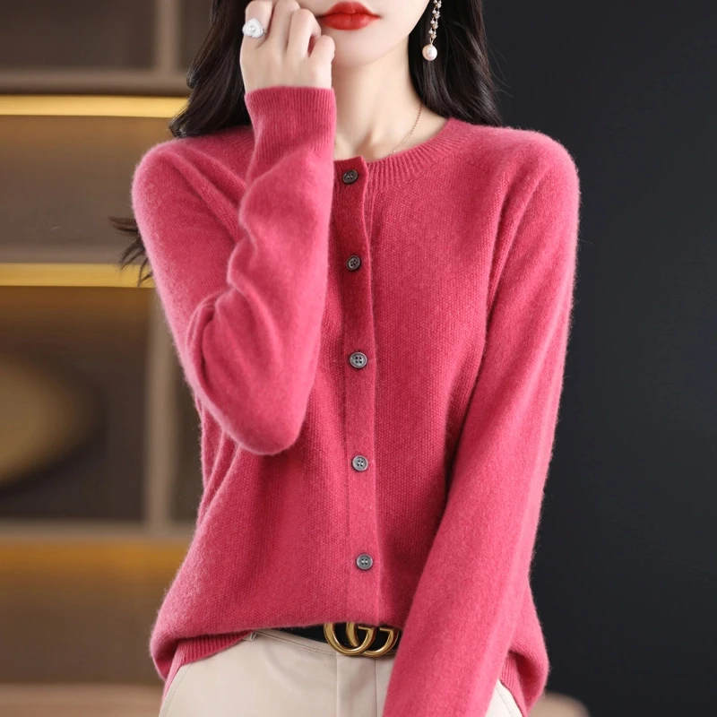 【桂花针开衫】一线成衣100纯羊毛开衫女圆领纯色宽松毛衣秋冬款