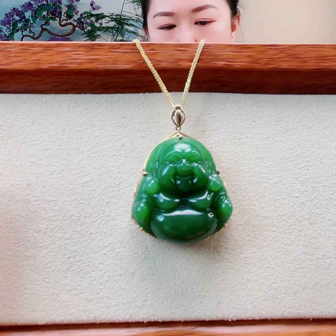 和田玉（碧玉）18K金镶嵌颈饰佛公32