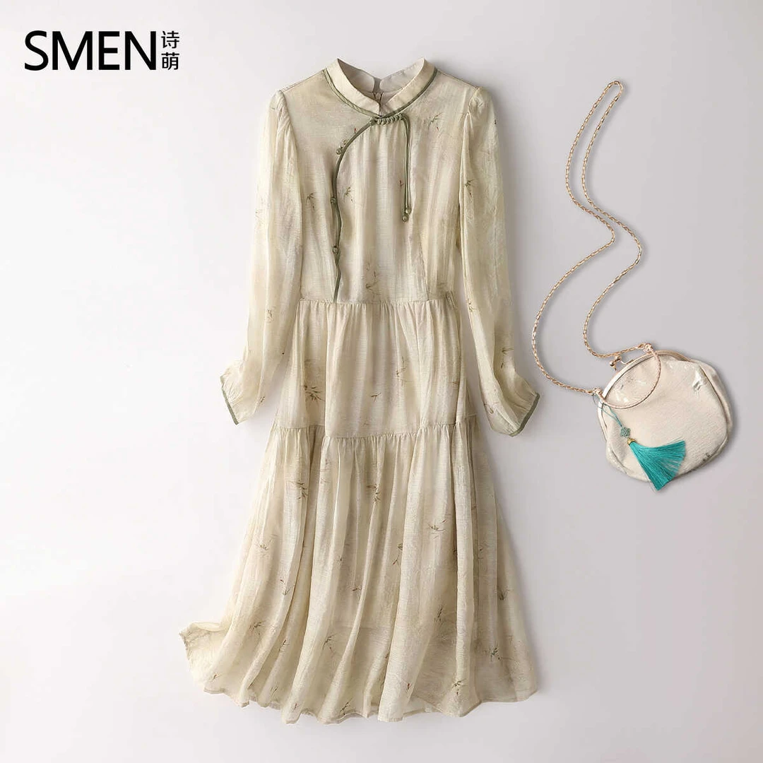 【专柜品质】国风新中式气质印花连衣裙秋时尚收腰显瘦长裙子女