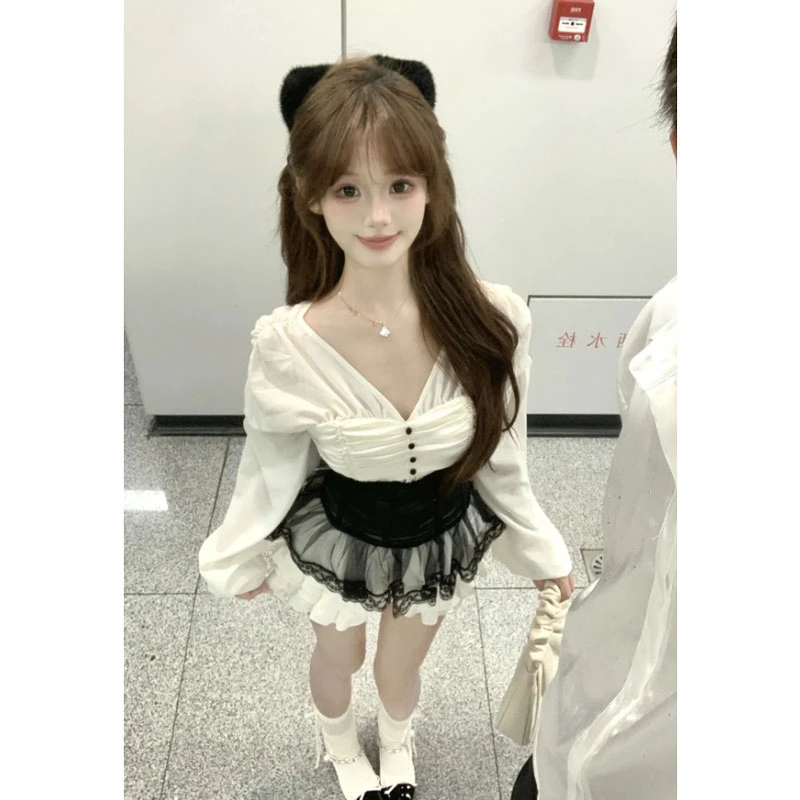 25秋季独特超好看套装裙小个子漂亮V领上衣鱼骨腰封半身裙三件套