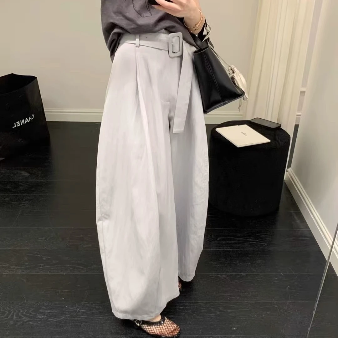 韩版高腰休闲配腰带阔腿气球裤2025夏季新款显瘦垂感百搭直筒裤女