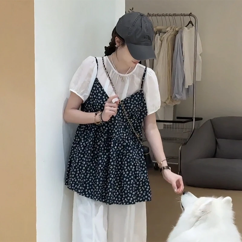 【8857桃】法式碎花吊带假两件衬衫女夏季新款宽松遮肉显瘦短袖上衣