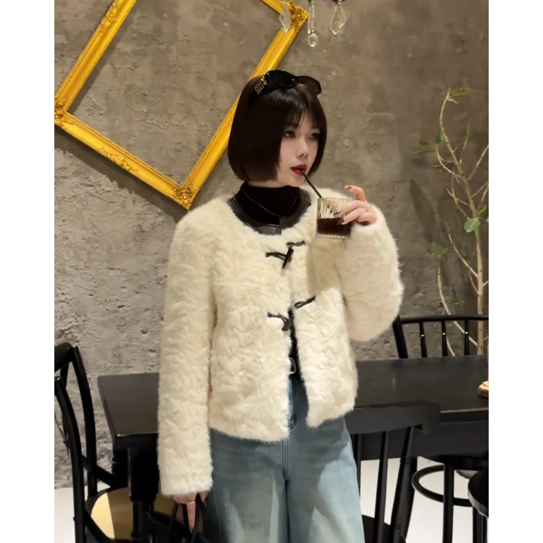 MY【名媛】冬季新款仿水貂拼皮牛角扣皮毛一体高级感小香风毛毛外套