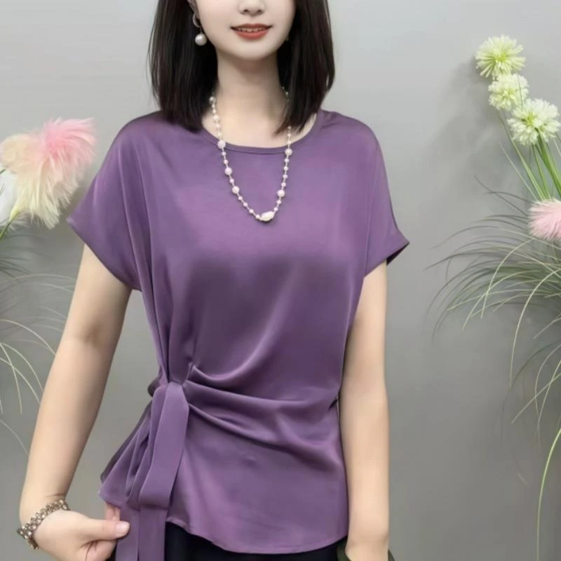 设计感飘带圆领短袖衬衫女2025夏季新款时尚宽松显瘦收腰T恤上衣