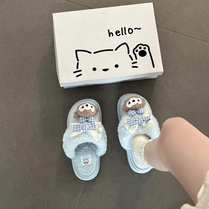 可爱卡通小动物带蝴蝶结拼接毛毛鞋女2025秋冬新款舒适外穿棉拖鞋
