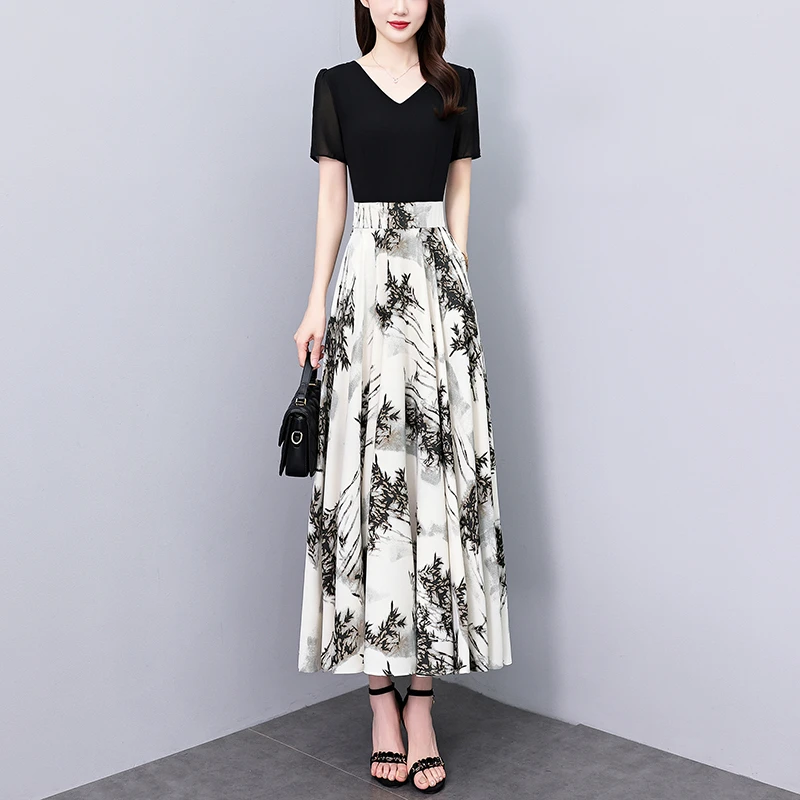 2025夏季新款高档印花雪纺碎花连衣裙女大码胖mm收腰显瘦遮肚长裙