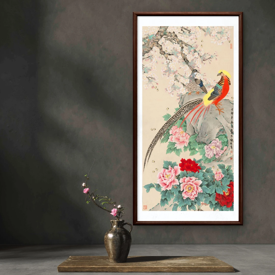 451-55*110梨花锦鸡图中式装饰画实木框玄关书房茶室客厅挂画