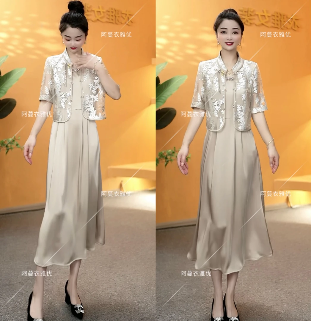 【衣雅严选】.1848-444新品桑丝缎新中式提花刺绣款连衣裙+开衫