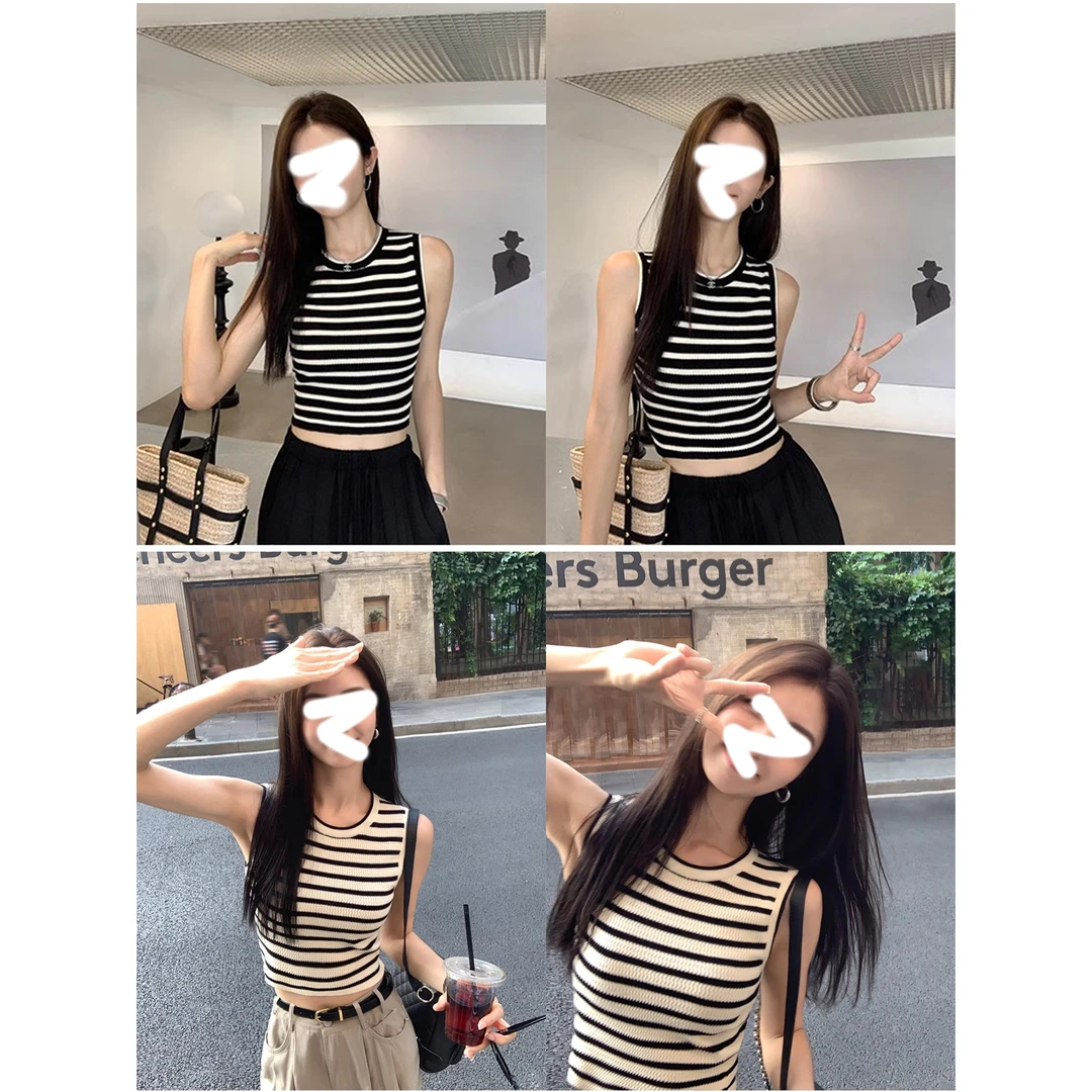 Moses Queen/魔西女王复古条纹背心女夏辣妹修身显瘦短款针织上衣