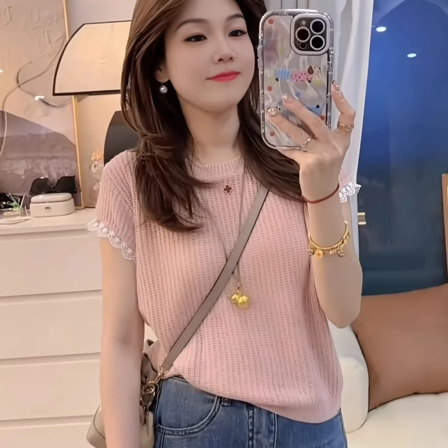 后背镂空冰丝短袖t恤女夏季设计感蕾丝拼接时尚气质减龄针织上衣