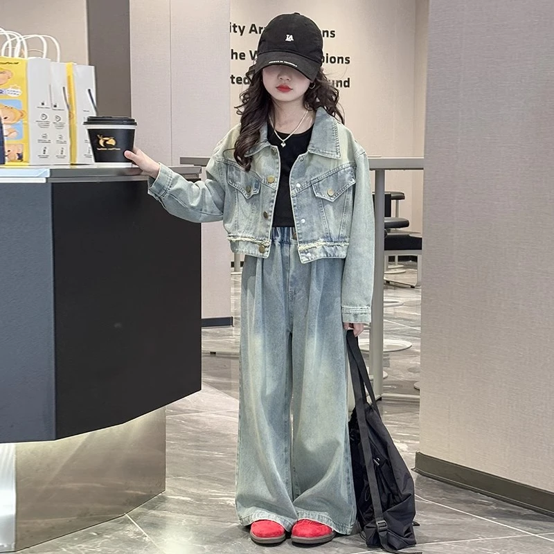 女童春秋款韩版休闲牛仔套装中大童女孩洋气时髦儿童韩系穿搭春装