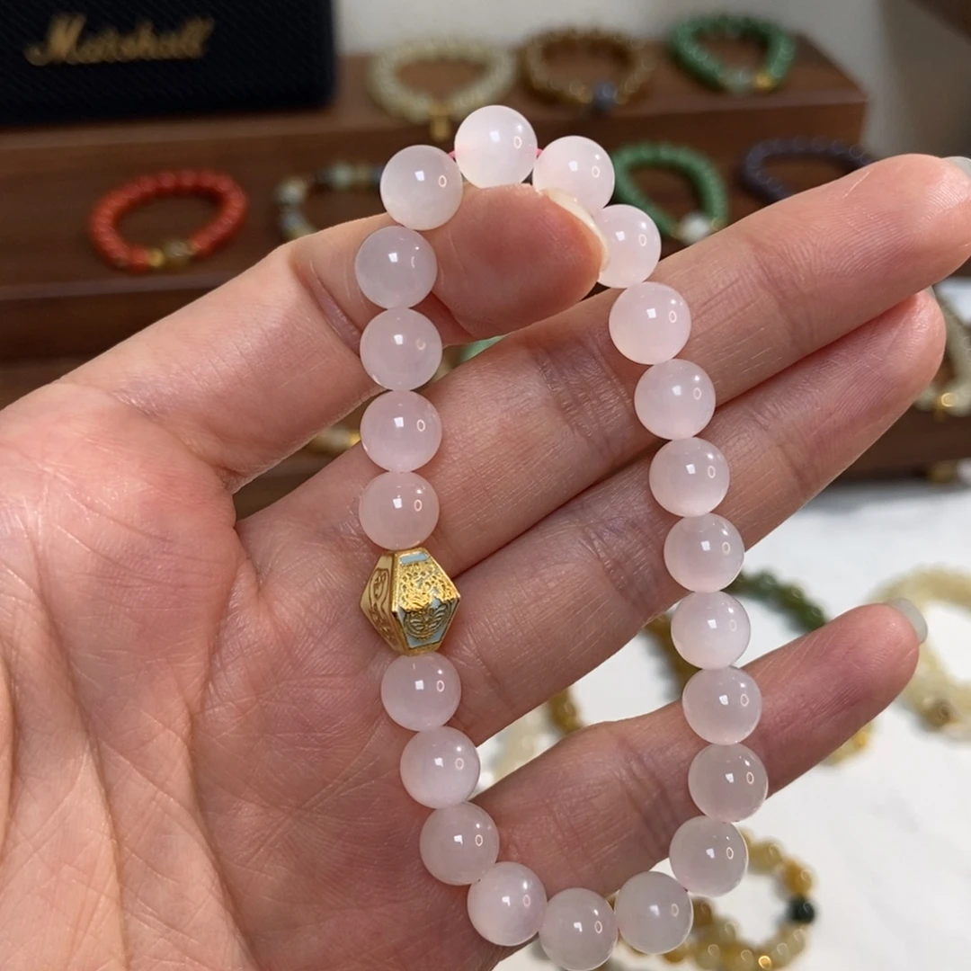 和田玉银S925镶嵌手链福利8mm藕粉猫