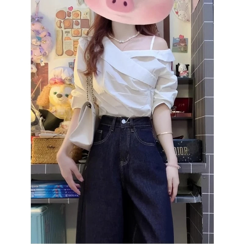 春季茶系穿搭一整套法式气质高级感白色一字肩衬衫阔腿裤两件套装