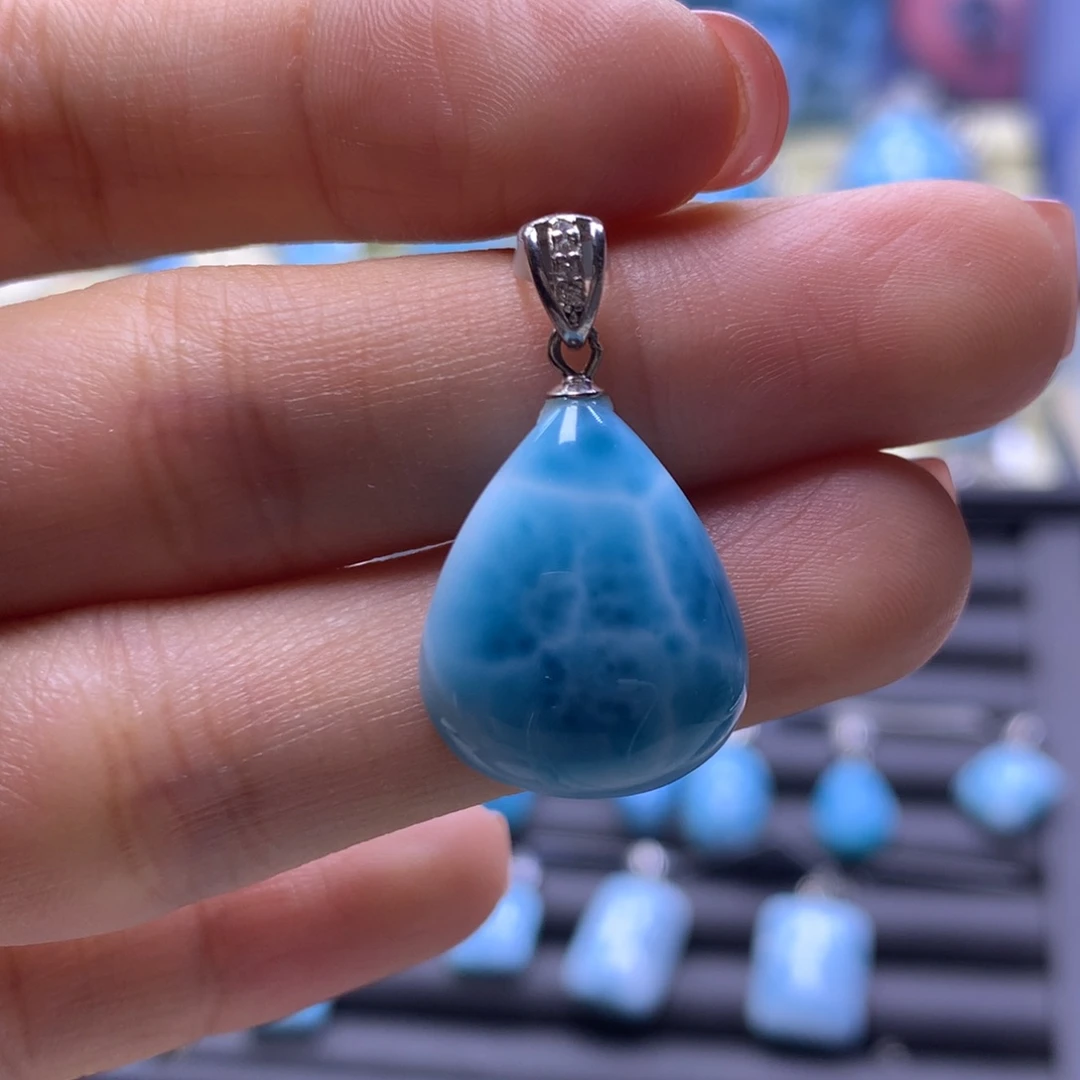 针钠钙石（海纹石）银S925镶嵌吊坠(不含链)水滴吊坠色差略异