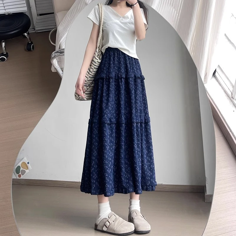 藏青色碎花蛋糕裙女春夏2025新款休闲高腰宽松显瘦垂感伞裙半身裙