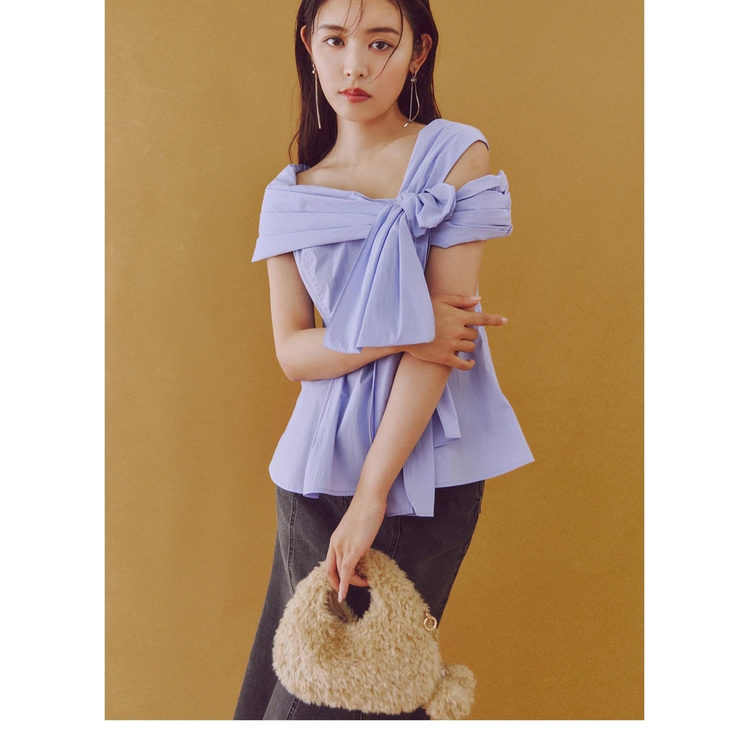 【MonTendre】夏季新款 S 不对称蝴蝶结设计系带甜美露肩衬衫上衣