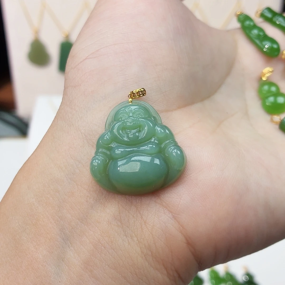 焱***予和田玉（碧玉）18K金镶嵌吊坠(赠链)