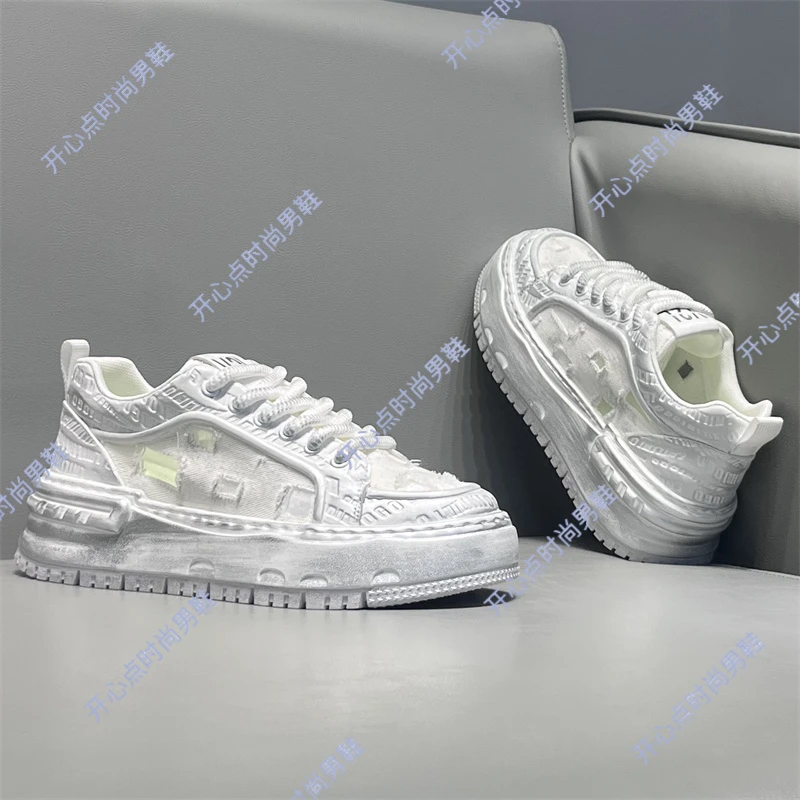 男鞋复古擦色男士透气网纱板鞋男厚底小白鞋轻奢牛仔布做旧脏脏鞋