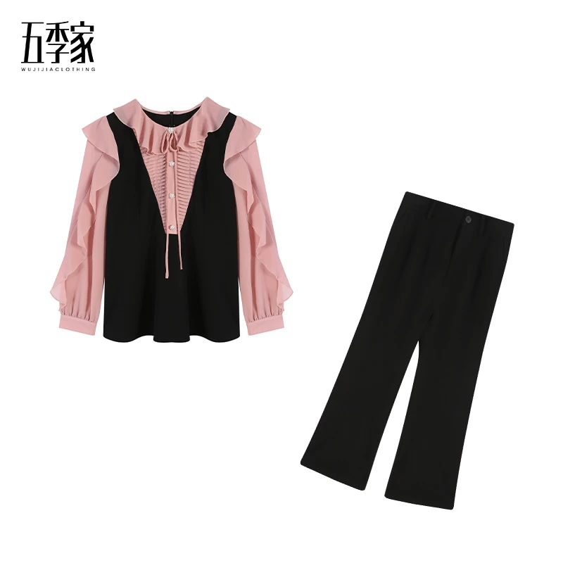 五季家五季大码女装粉色拼色假两件上衣显瘦微喇裤两件套ZL104238