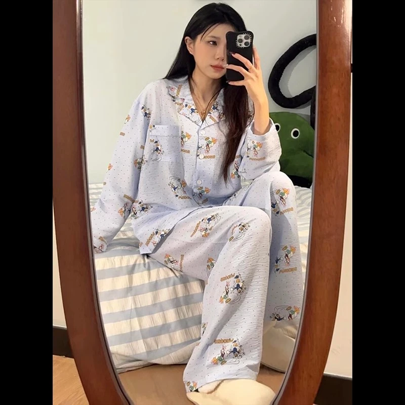 【趣味小鸭】韩版卡通睡衣女生春秋季开衫新款长袖可外穿家居服套装