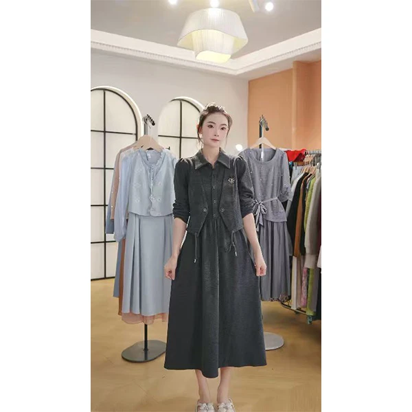 L9587  2025年早秋新款时尚百搭假两件收腰显瘦中长款连衣裙