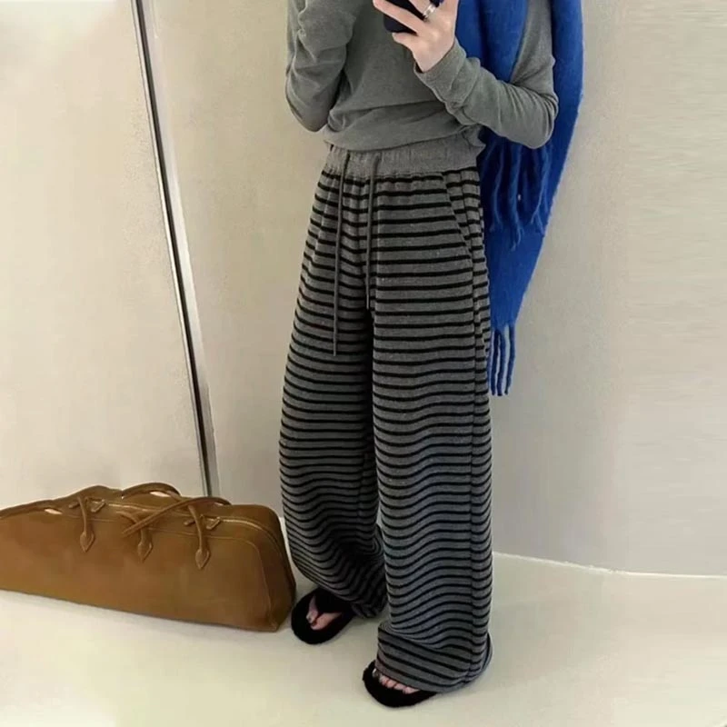 大码胖mm欧若风撞色条纹阔腿裤女抽绳高腰休闲卫裤子宽松直筒裤女