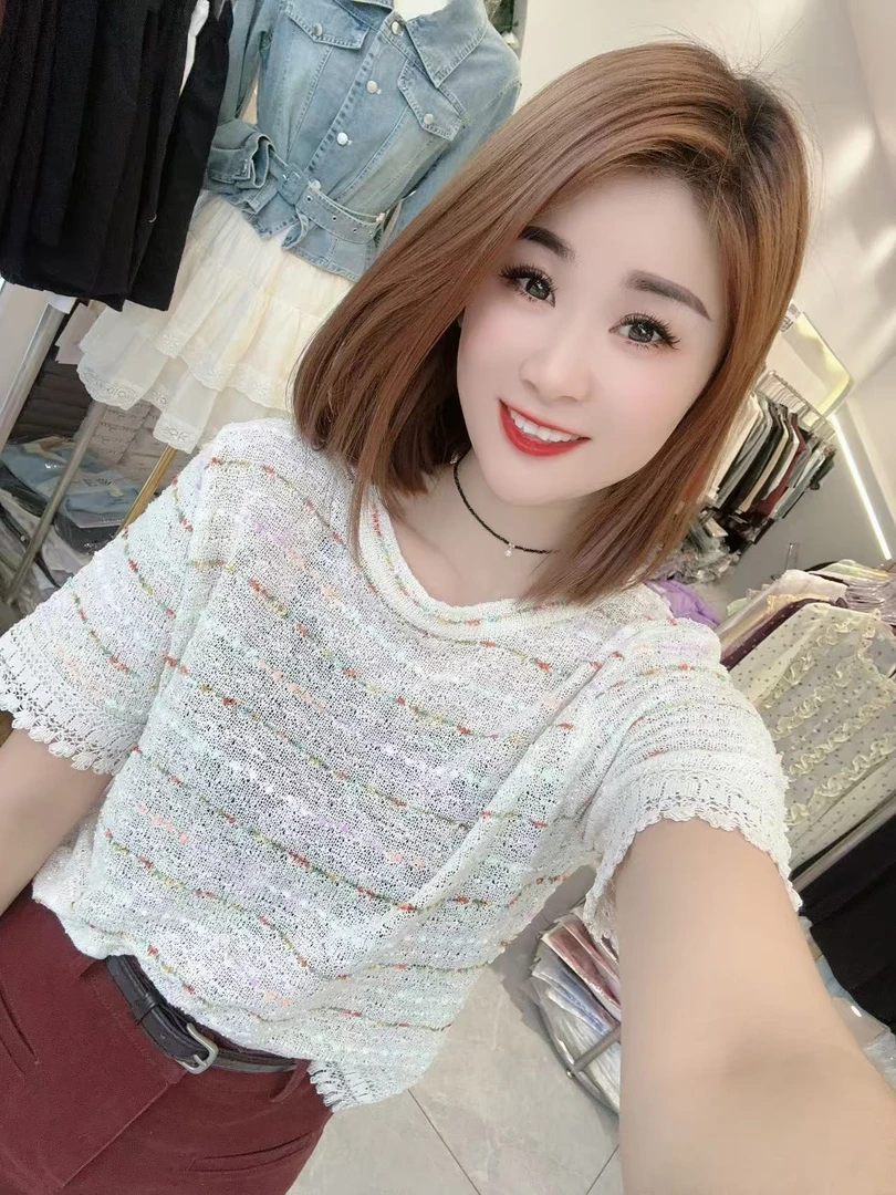 雪琴小屋彩色条纹洋气针织冰丝上衣