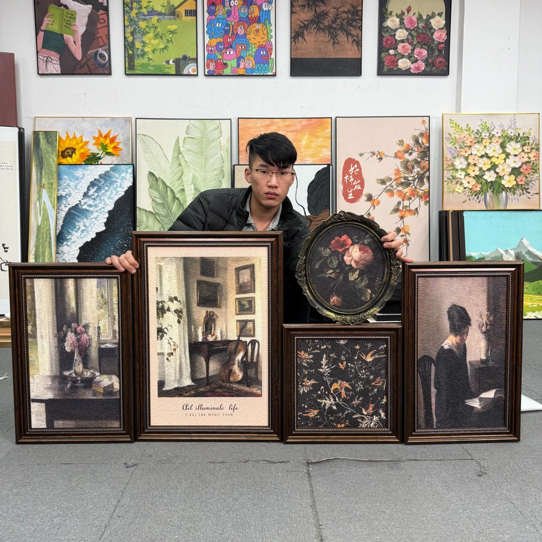 美式复古竹子花鸟女孩沙发背景墙装饰画法式客厅挂画现代组合500