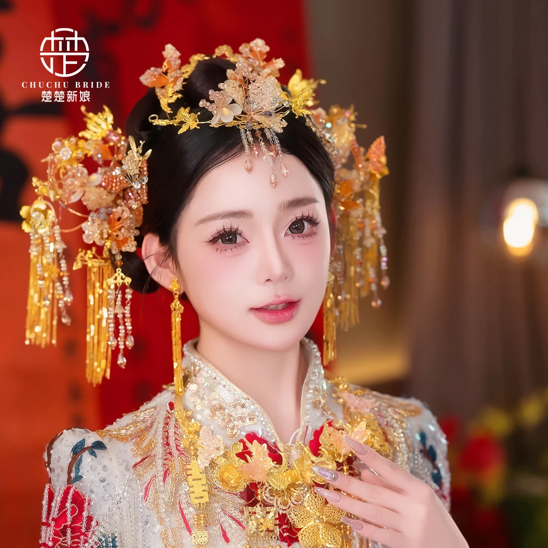 新娘中式金色秀禾头饰复古龙凤褂凤钗大气发饰百搭减龄结婚配饰品
