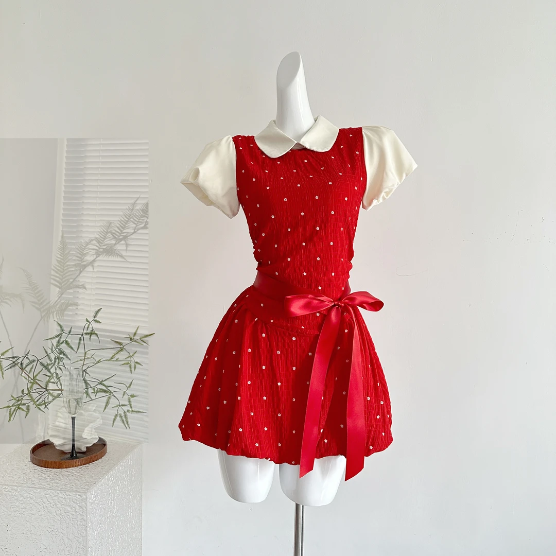 夏日新款樱桃气泡水假两件收腰短款红色泡芙连衣裙