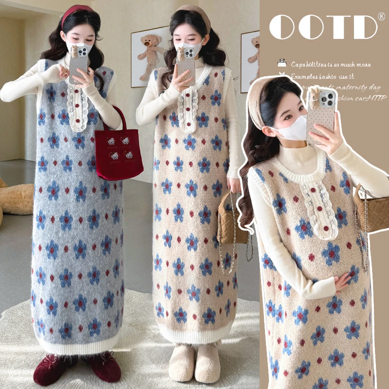 秋冬新款孕妇韩版刺绣撞色花朵蕾丝花边毛衣背心裙＋打底套装