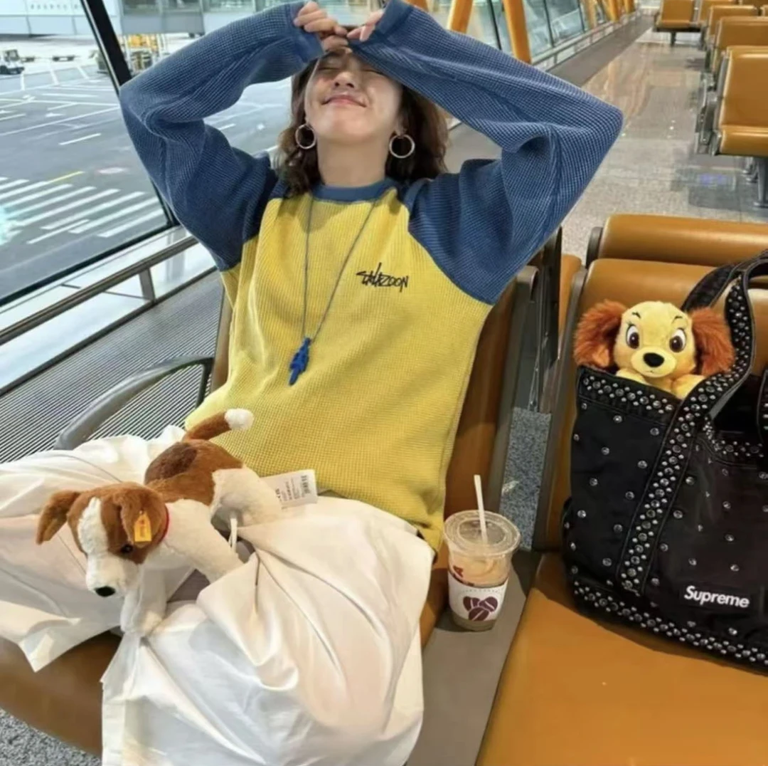 美式撞色纹理华夫格~宽松显瘦插肩袖打底衫男女同款长袖圆领T恤