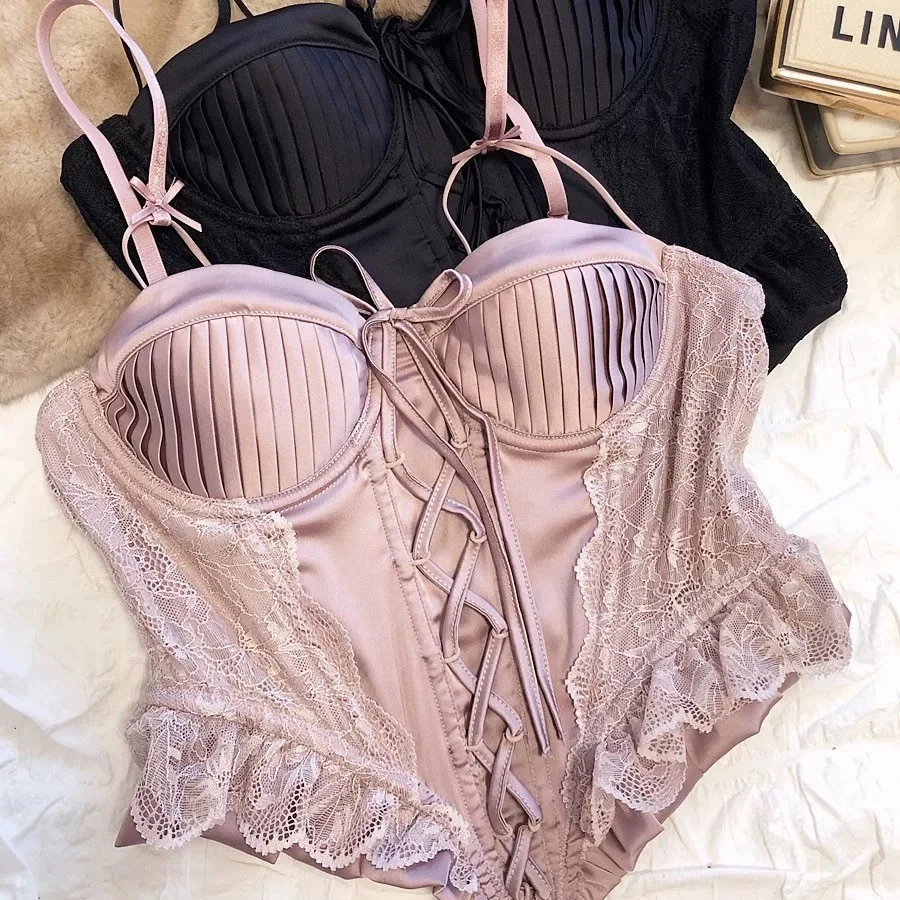 法式甜辣美蕾丝吊带背心鱼骨绑带胸衣带文胸马甲内衣收腰显瘦内搭