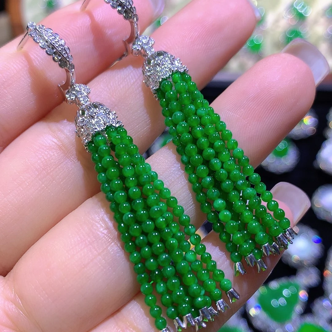 翡翠18K金镶嵌耳饰高冰满绿