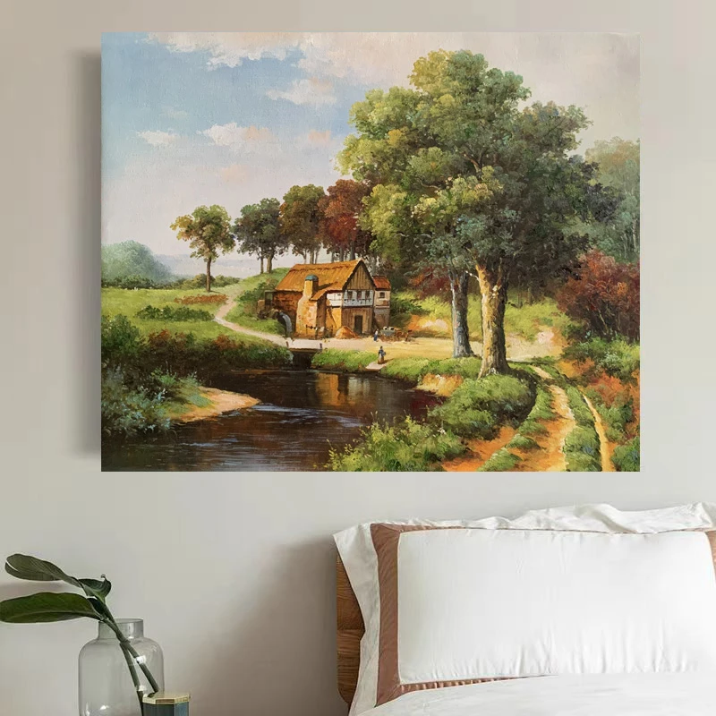 《溪畔农舍》50*60含内框,刘春建手绘油画装饰画,客厅背景墙挂画