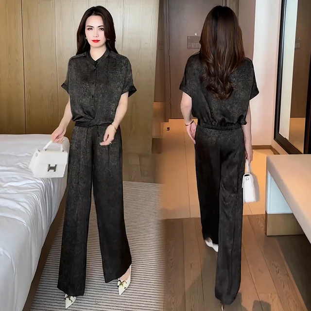 时尚洋气套装女夏季新款宽松遮肚子显瘦短袖衬衫阔腿裤两件套