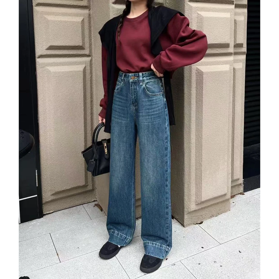 美式复古双色直筒牛仔裤2025设计感百搭休闲慵懒显瘦高腰无弹裤