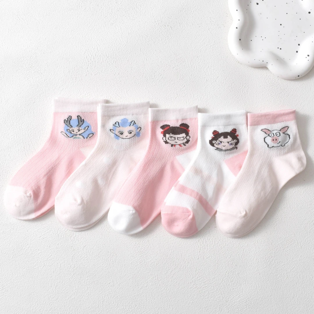 女童袜子儿童春夏季薄款女孩网眼卡通透气宝宝学生哪吒中筒短袜