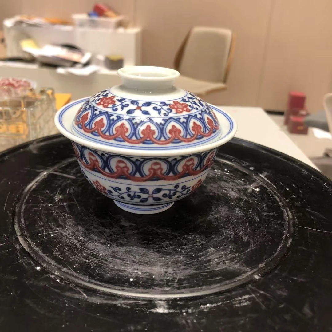 【景德】奉旨官窑 青花釉里红宝相盖碗 陶瓷 fzgy0330