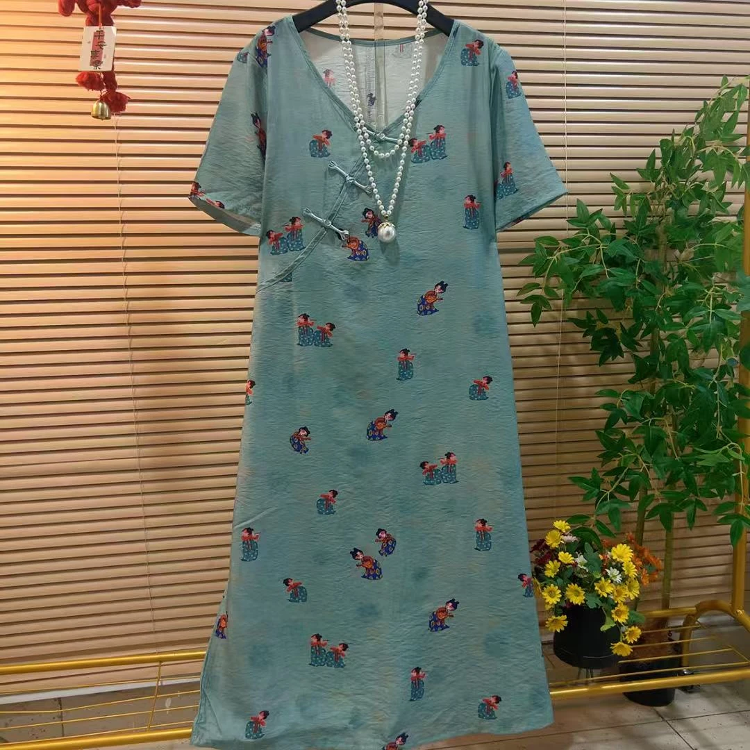 优雅气质宽松遮肉复古印花长裙胖YY2025夏季新款新中式国风连衣裙