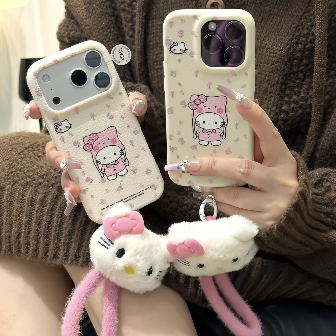 秋冬少女粉毛绒KT挂绳适用苹果17/16promax手机壳华为vivo小米15