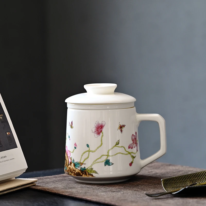 博艺瓷器 虞美人三件套办公杯茶水分离杯（无礼盒）-1385