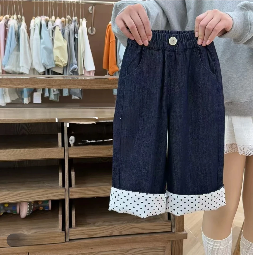 2025年女宝宝宽松牛仔阔腿裤儿童翻边直筒裤子