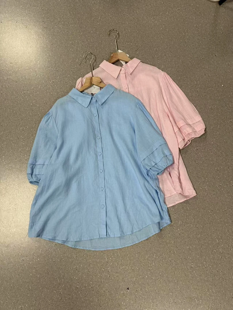 外单布艺包扣百搭五分袖棉麻衬衫