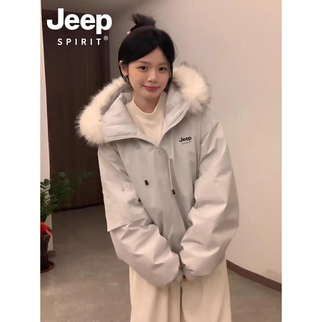 JEEP赵露思许妍同款棉服女款2025新款大毛领羽绒棉衣小个子派克服